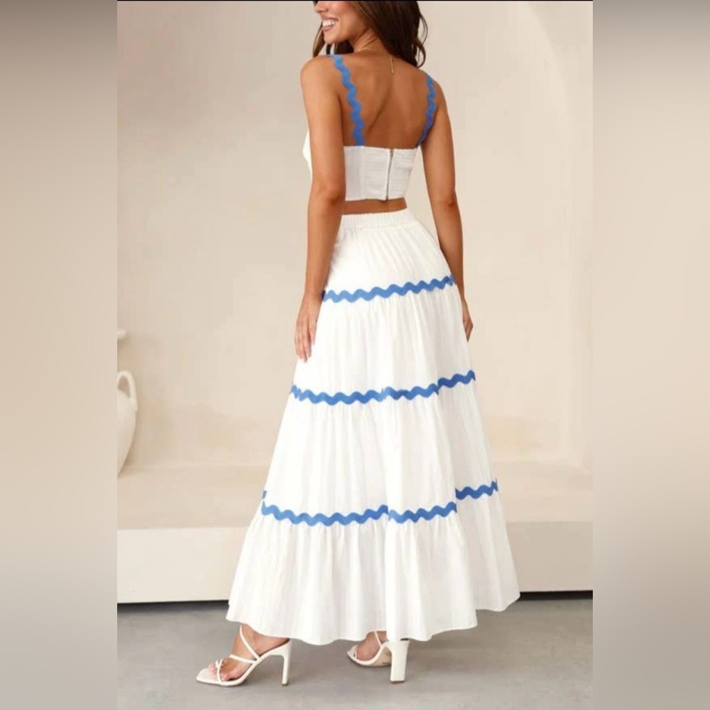 NWT Boutique Arya White & Blue Vacation Maxi Skirt Set - Picture 5 of 5